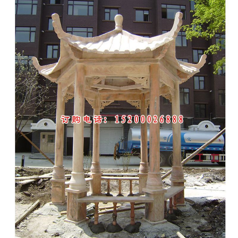 晚霞红凉亭雕塑，六角凉亭石雕 (5)