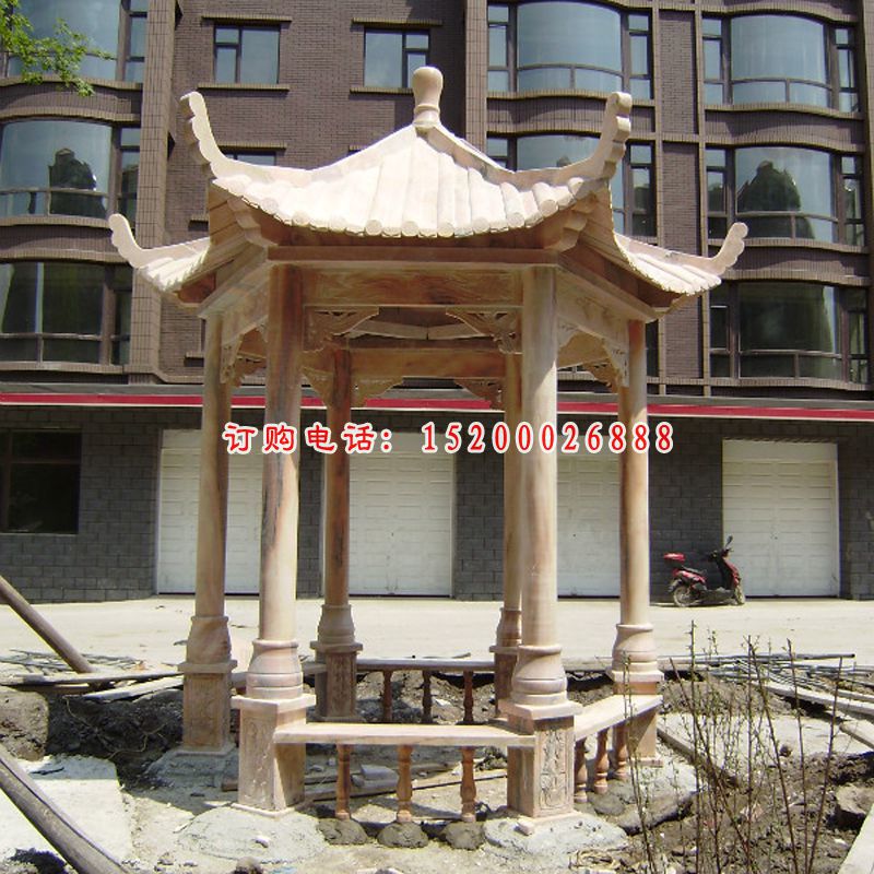 晚霞红凉亭雕塑，六角凉亭石雕 (6)