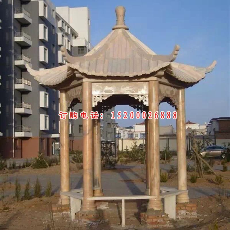 晚霞红凉亭石雕，公园凉亭景观雕塑 (2)