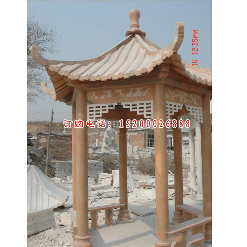 晚霞红凉亭石雕，六角凉亭