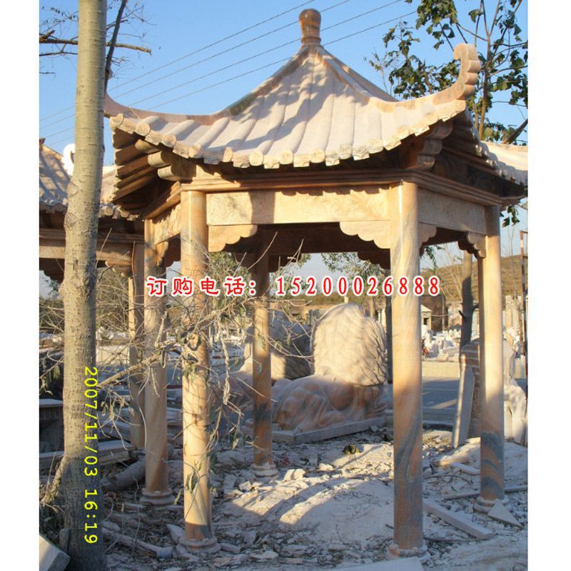 晚霞红凉亭石雕，六角凉亭雕塑 (2)