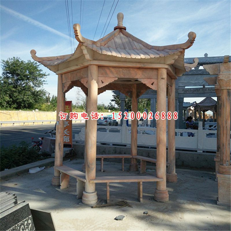 晚霞红六角凉亭   石雕公园景观雕塑 (1)