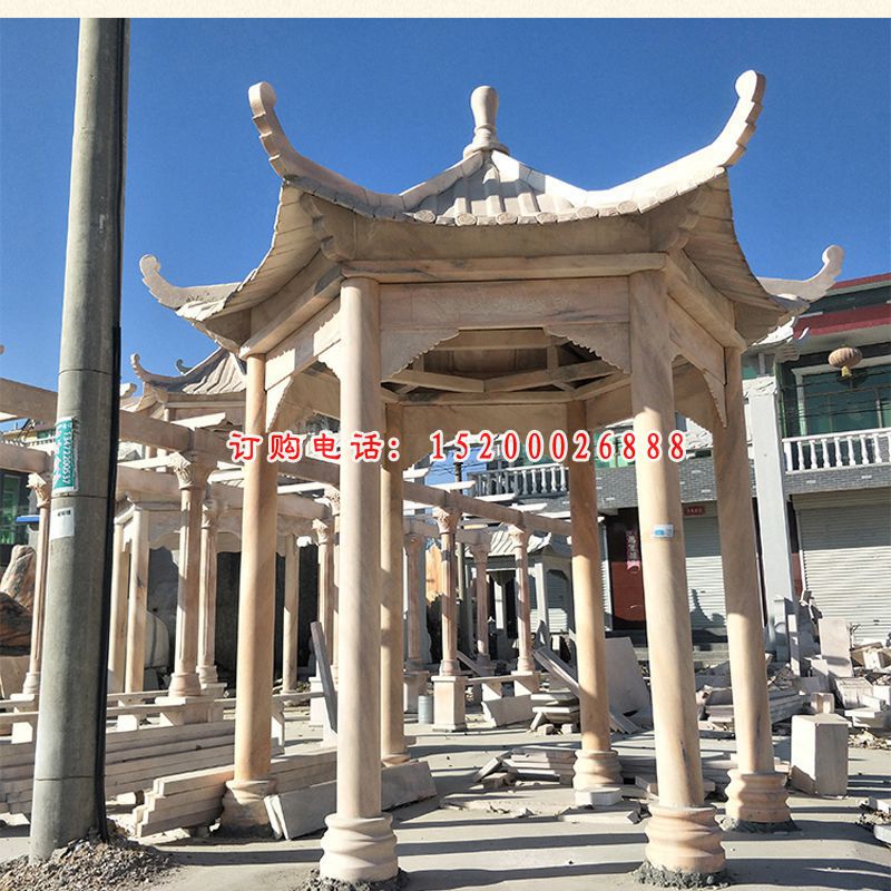 晚霞红六角凉亭 公园石雕凉亭