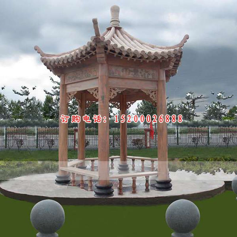 晚霞红六角凉亭，公园凉亭石雕