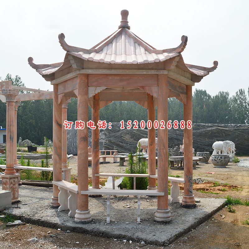 晚霞红六角亭子，石凉亭