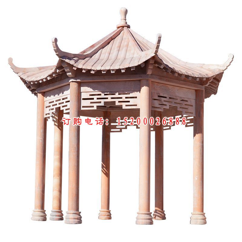 晚霞红石雕凉亭，公园大型石亭子