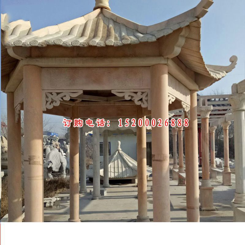 晚霞红双层凉亭 园林景观石雕  (1)