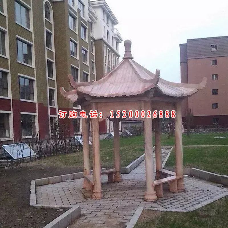 小区石凉亭，晚霞红凉亭雕塑