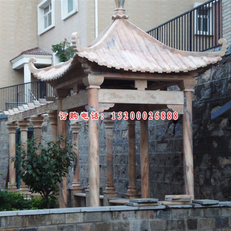 小区石雕凉亭，晚霞红方亭