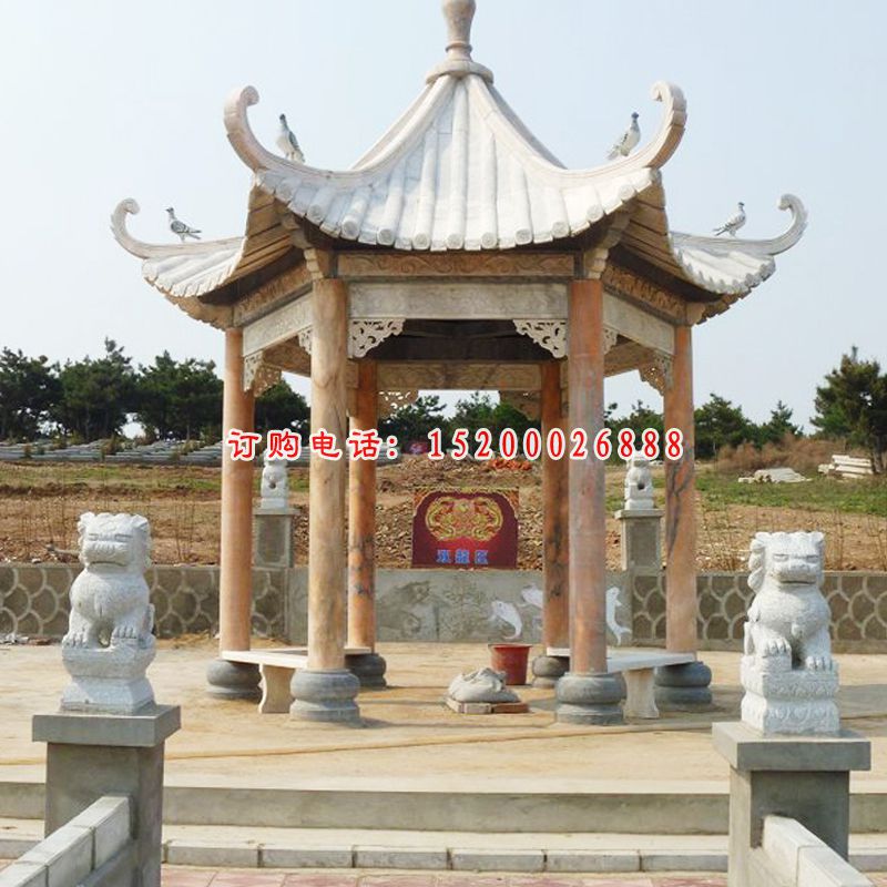 晚霞红石雕凉亭，六角凉亭