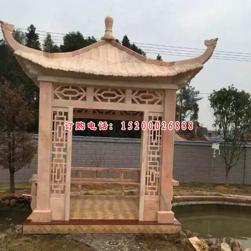 中式凉亭，晚霞红凉亭石雕