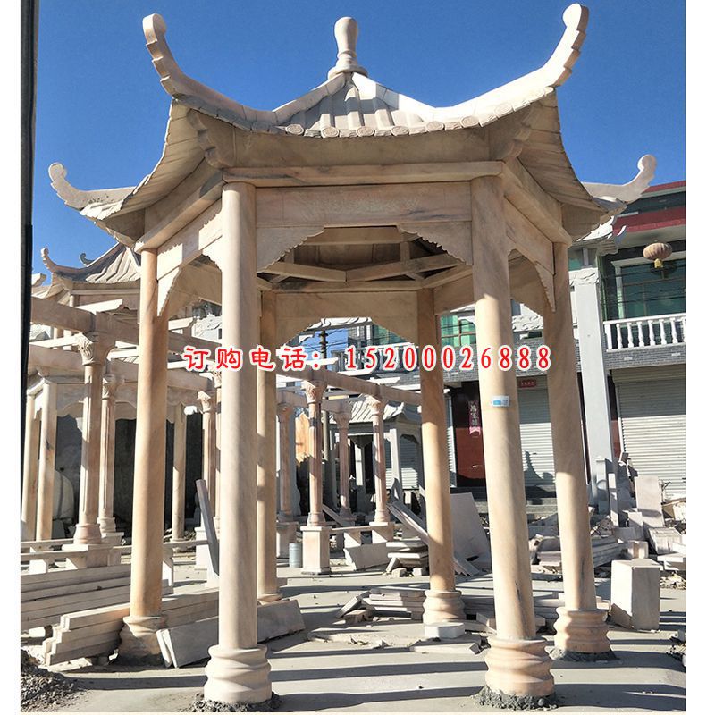 公园六角凉亭  晚霞红凉亭石雕