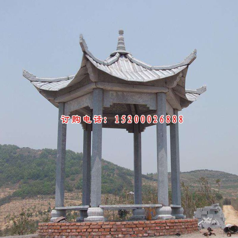 六角凉亭石雕，青石亭子