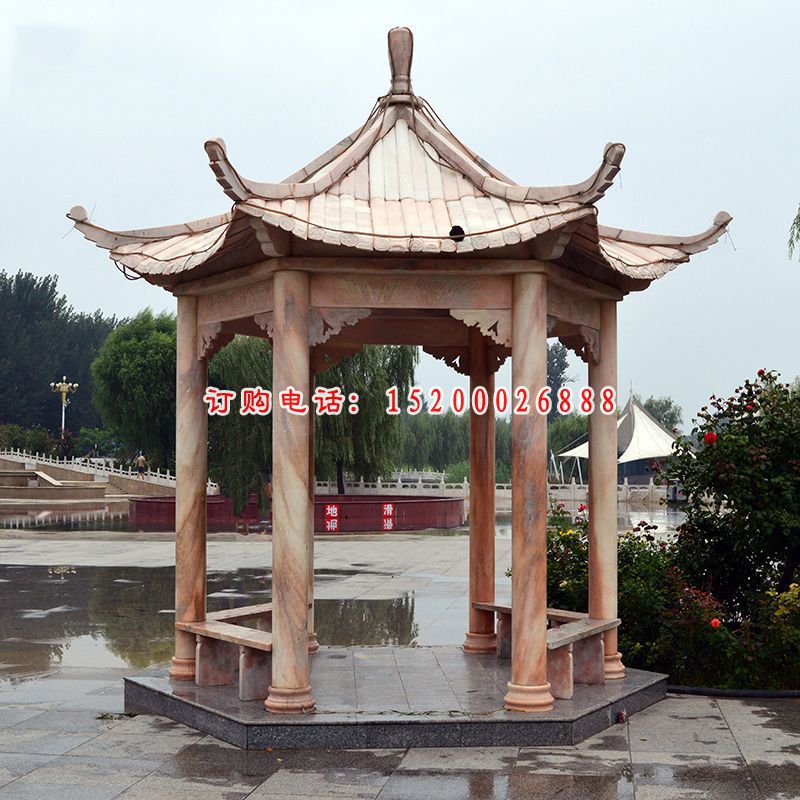 六角凉亭石雕，晚霞红石雕亭子