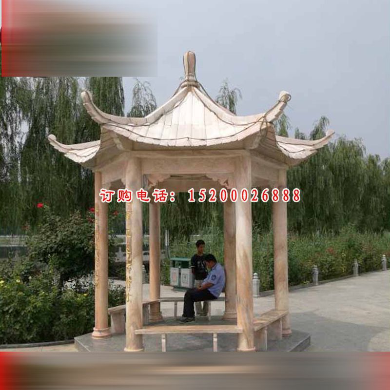 六角石凉亭，晚霞红公园石雕凉亭