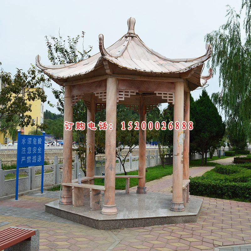 六角亭子石雕，公园石雕凉亭 (2)
