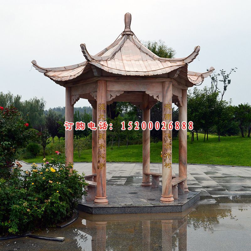 六角亭子石雕，公园石雕凉亭