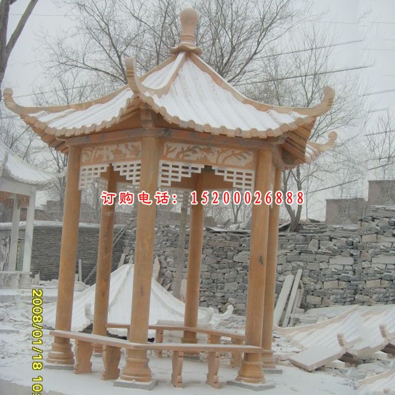 晚霞红凉亭雕塑，石雕亭子雕塑 (2)