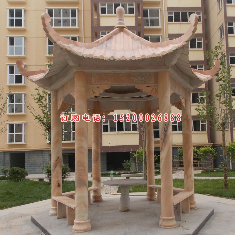 小区石凉亭，晚霞红石亭子