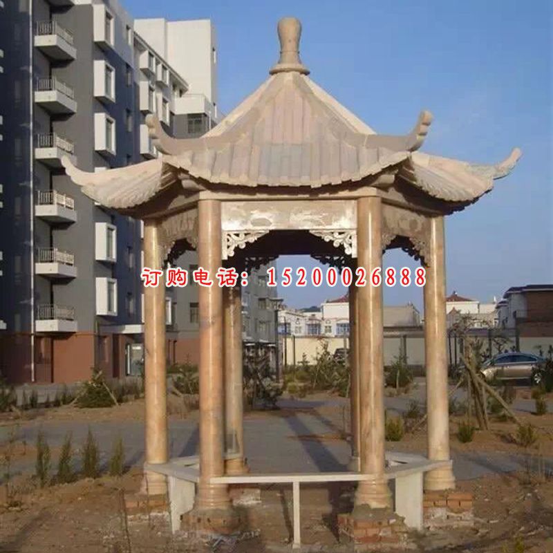 小区石凉亭雕塑，晚霞红凉亭石雕 (3)
