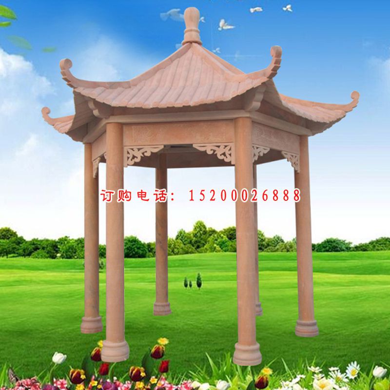 晚霞红四角凉亭    石雕公园景观摆件 (1)