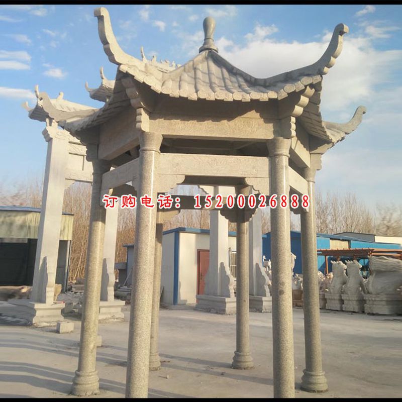 晚霞红六角石凉亭雕塑，公园景观摆件