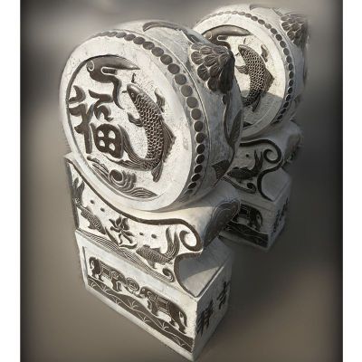 福鱼浮雕抱鼓石，青石仿古门墩 