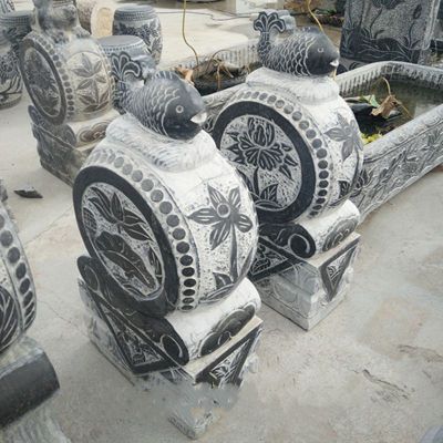 荷花浮雕鱼抱鼓石，门口仿古石雕 