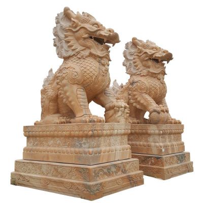 石雕北京狮晚霞红踩球狮子雕塑 