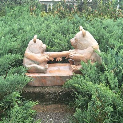 晚霞红熊猫母子    石雕公园动物雕塑