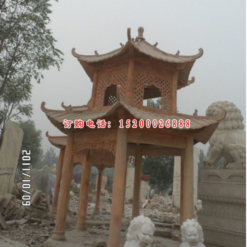 凉亭石雕，晚霞红两层石亭雕塑 (4)