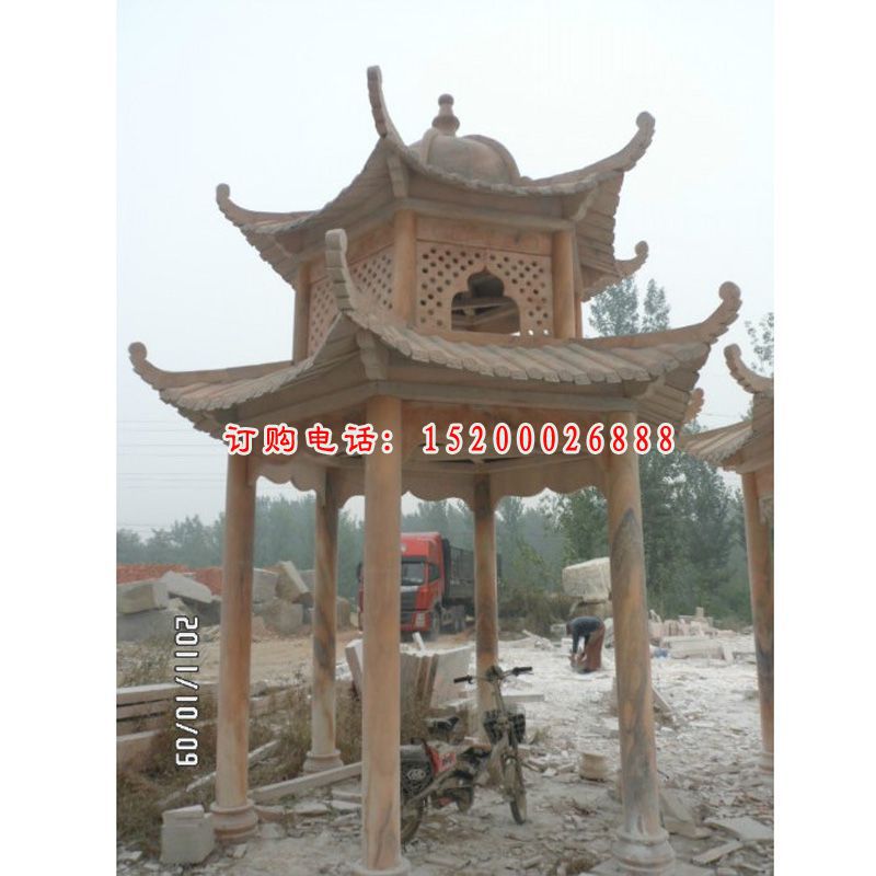 凉亭石雕，晚霞红两层石亭雕塑 (1)