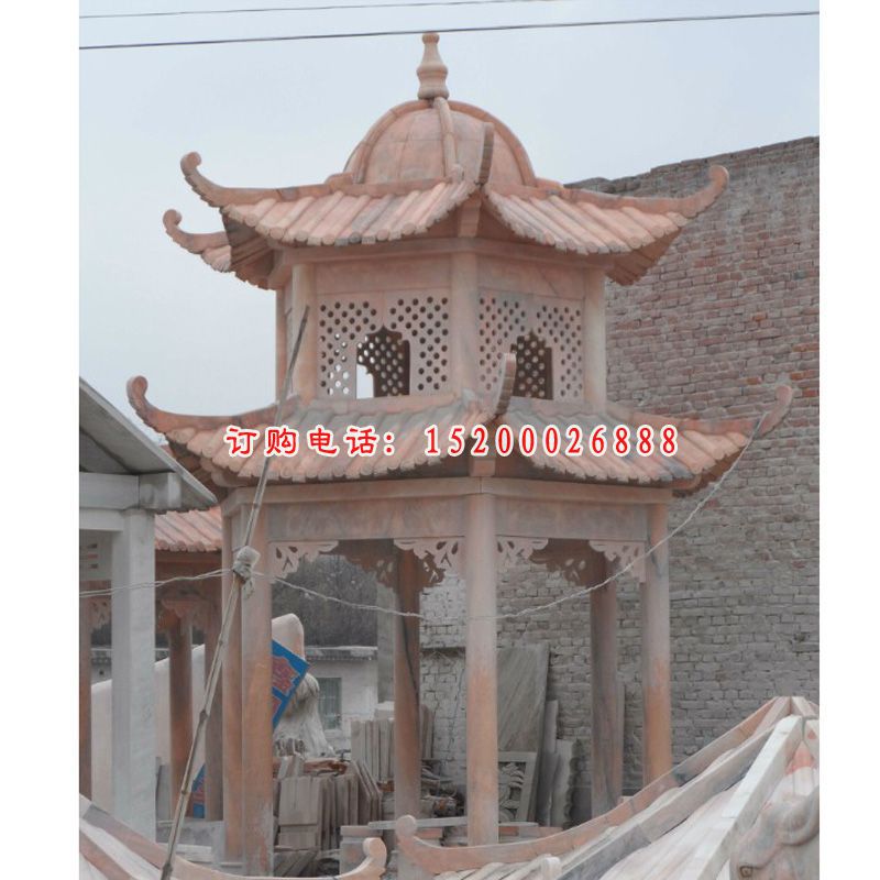 凉亭石雕，晚霞红两层石亭雕塑 (5)