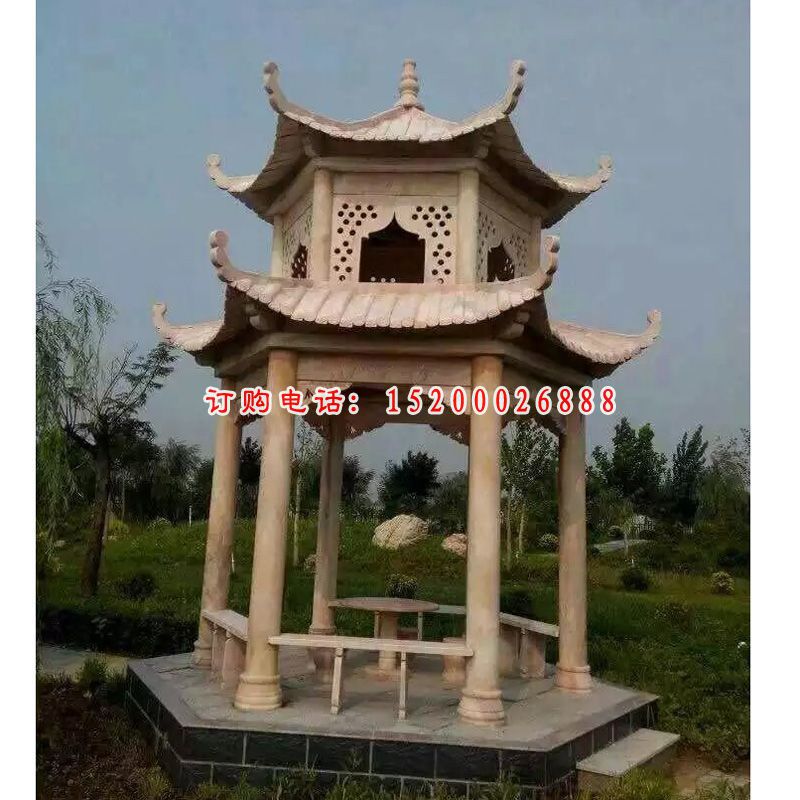 凉亭石雕，晚霞红双层凉亭石雕 (1)