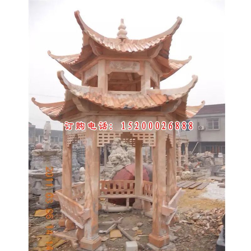 凉亭石雕，晚霞红双层凉亭石雕 (3)