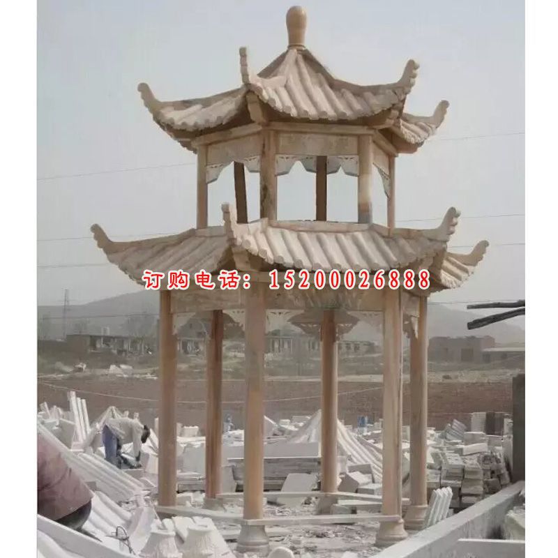 凉亭石雕，晚霞红双层凉亭石雕 (4)