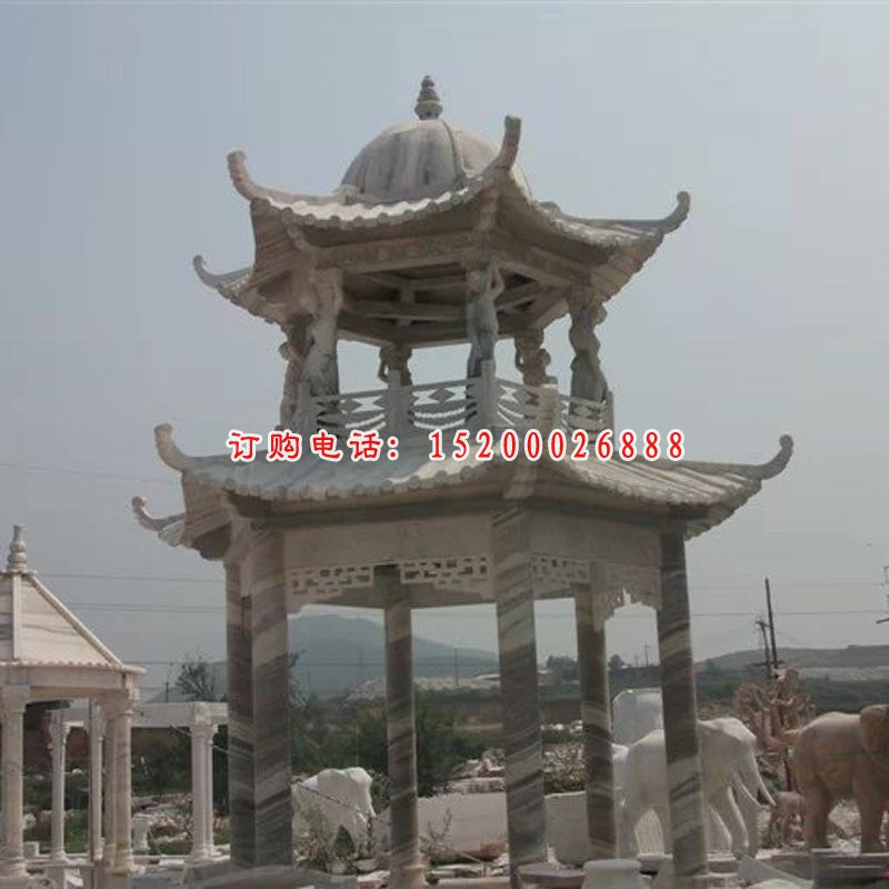两层凉亭石雕，大理石凉亭雕塑 (2)