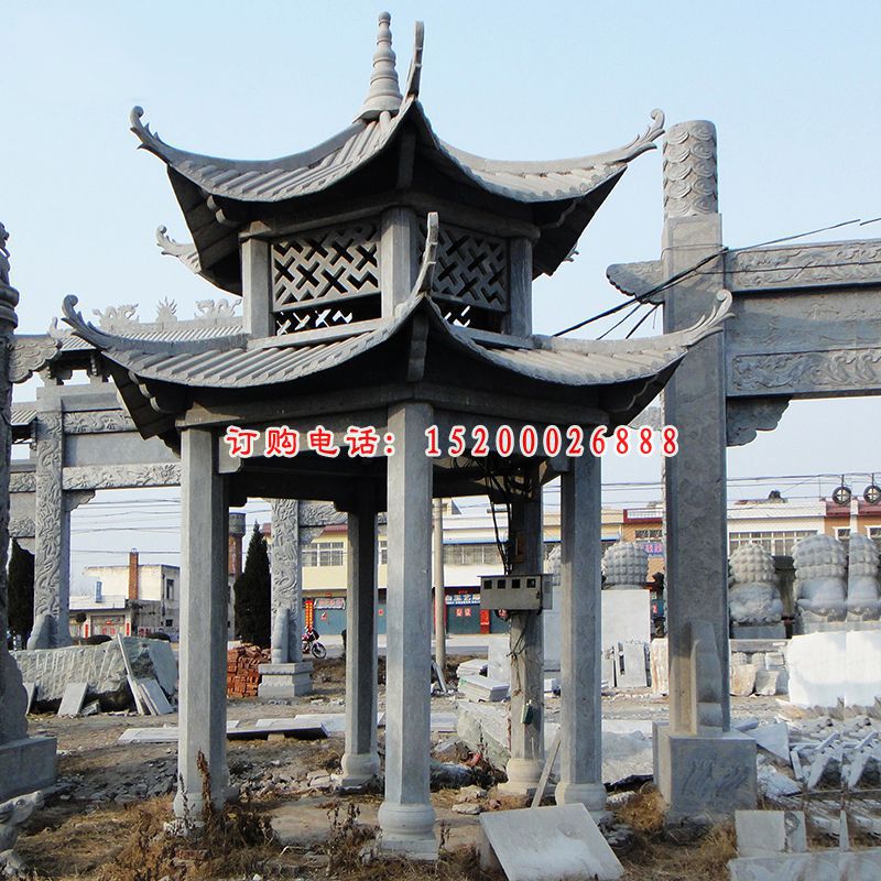 青石凉亭雕塑，双层石凉亭