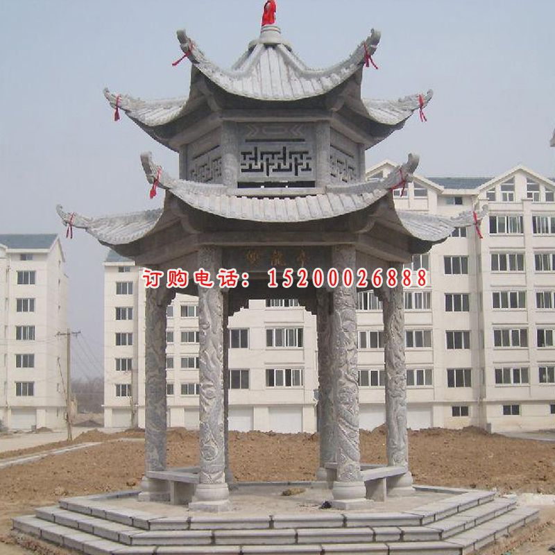 青石双层凉亭，小区景观石雕