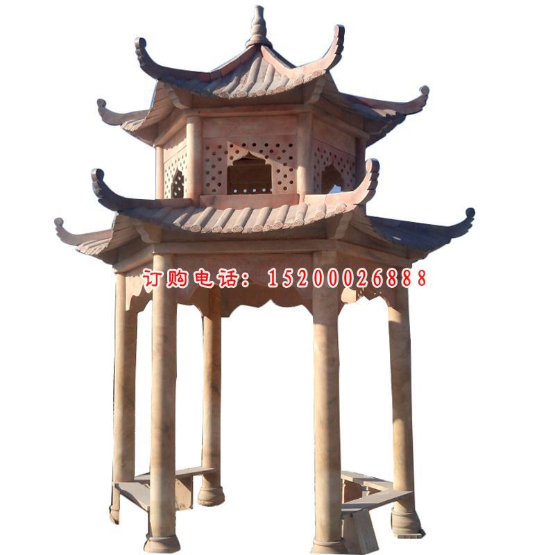 晚霞红中式凉亭雕塑 双层六角凉亭石雕 (2)