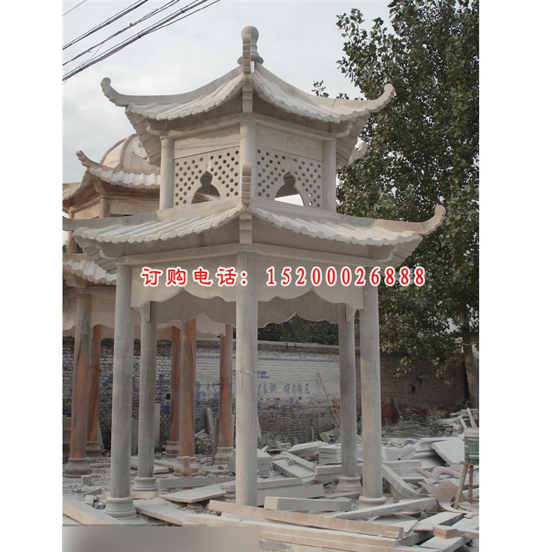 中式凉亭雕塑，两层凉亭石雕 (2)