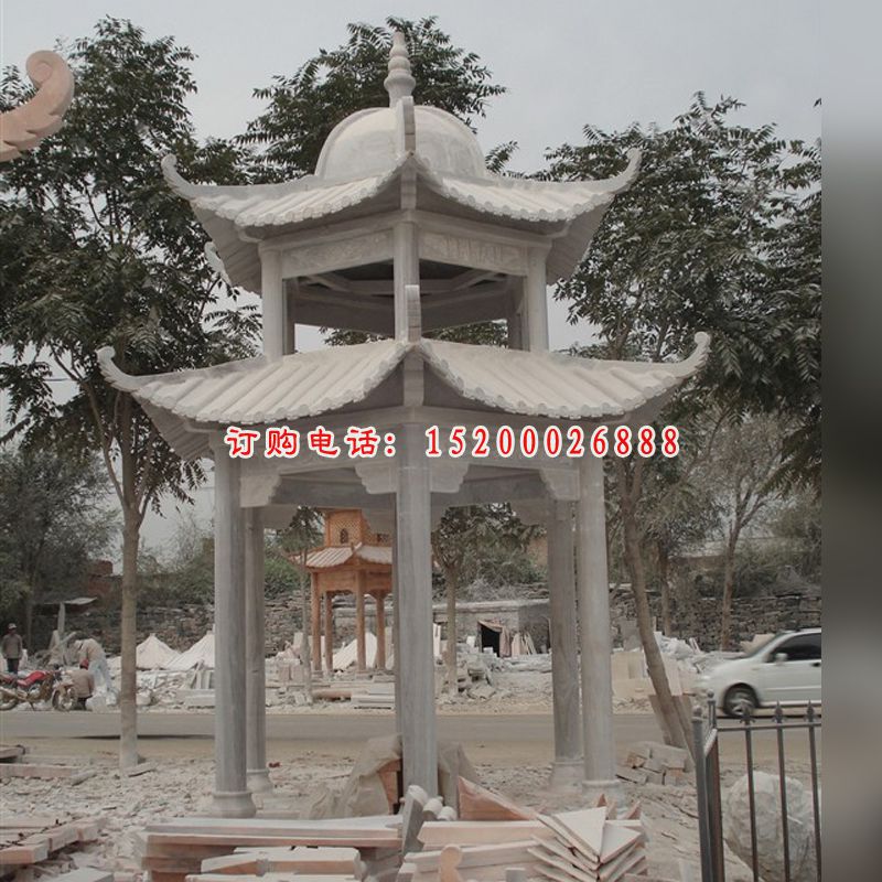 中式凉亭雕塑，两层凉亭石雕 (1)