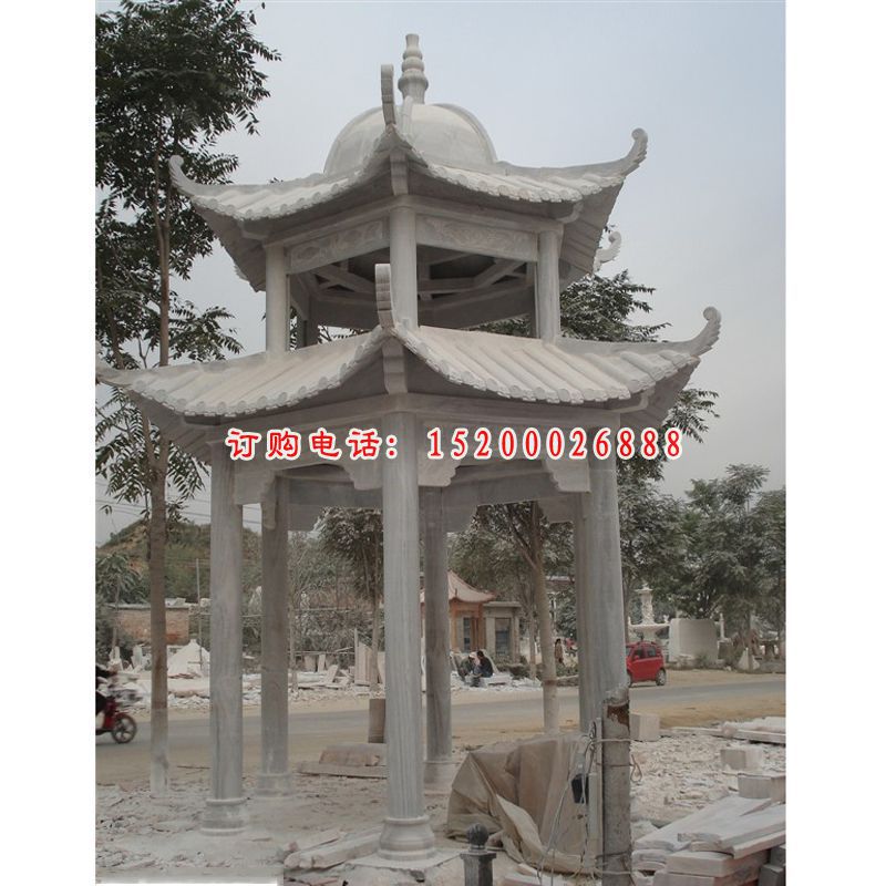 中式凉亭雕塑，两层凉亭石雕 (3)