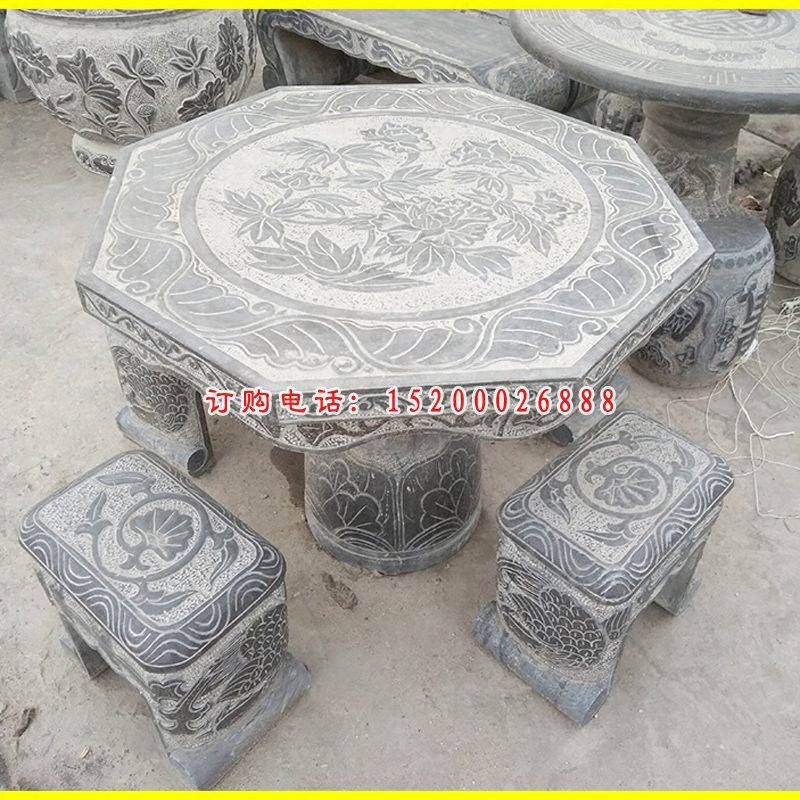 八角石桌凳雕塑，园林景观雕塑