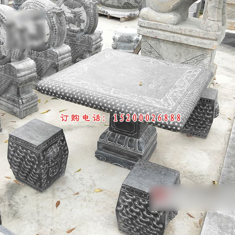 方桌石雕，青石仿古桌椅 (2)