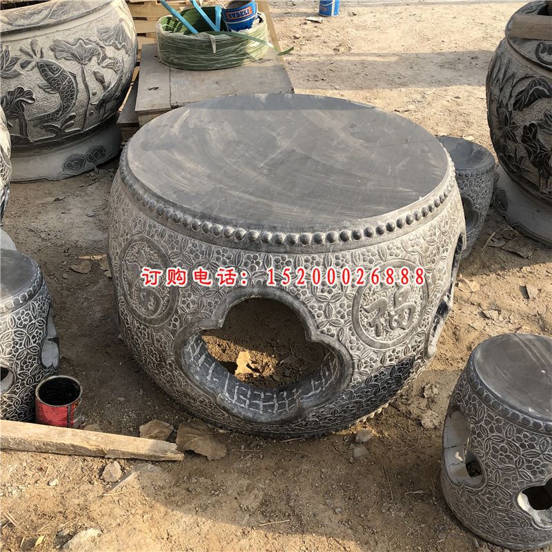 福字花纹仿鼓形石桌凳，公园景观石雕 (2)