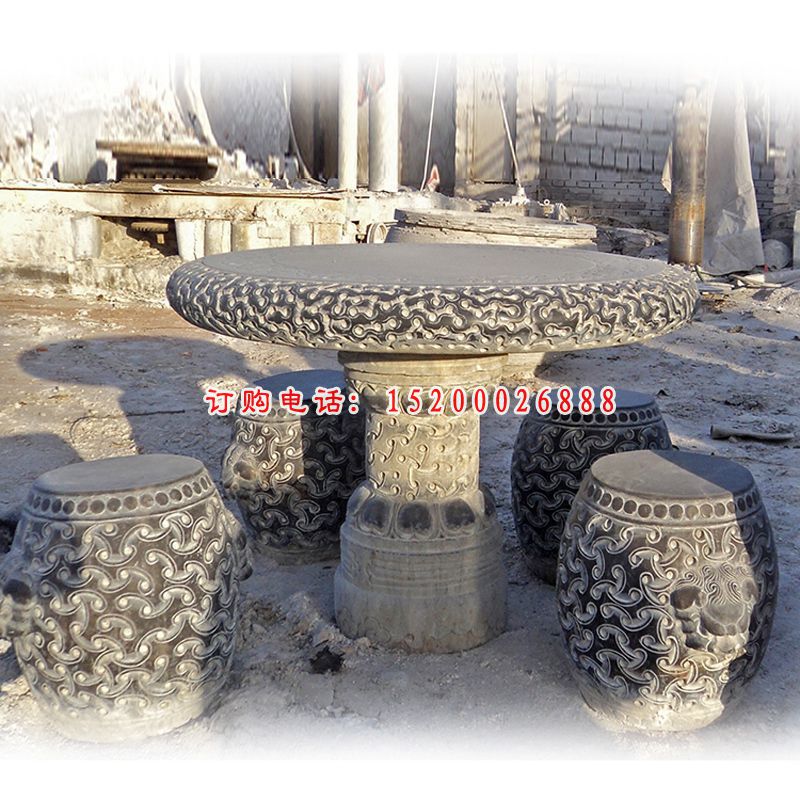 仿古花纹石桌凳雕塑，公园景观石雕