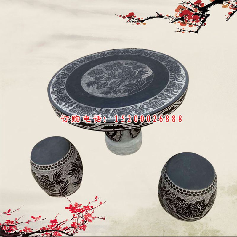仿古圆形石桌凳雕塑，园林景观摆件