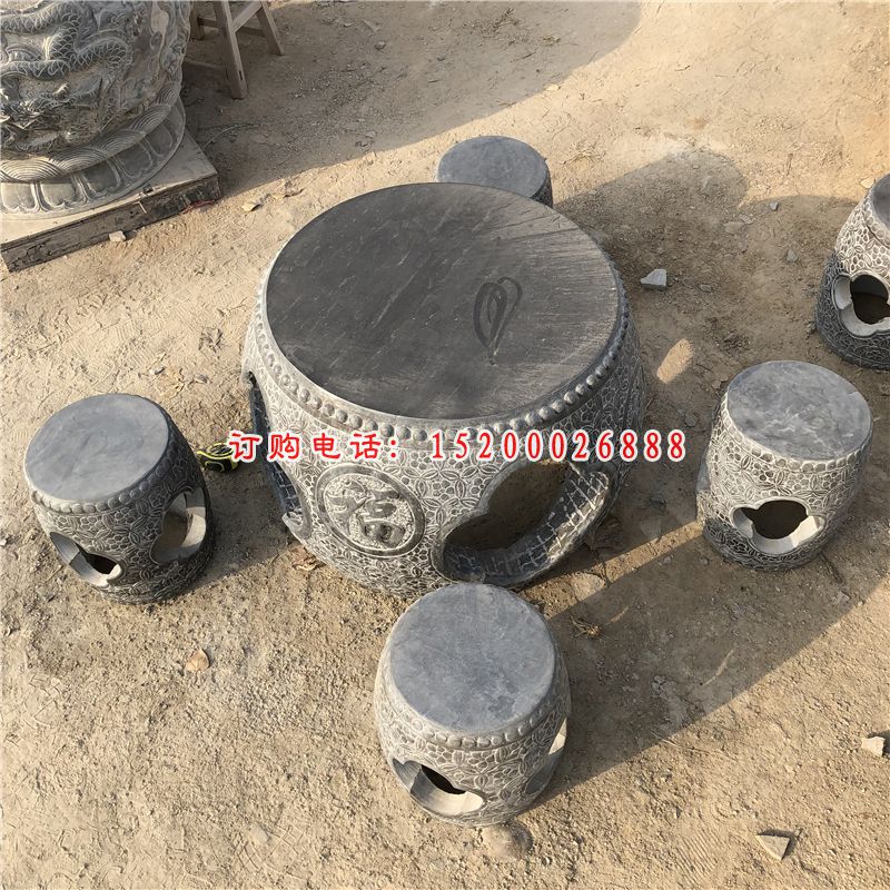 仿鼓形石桌凳雕塑，公园景观石雕