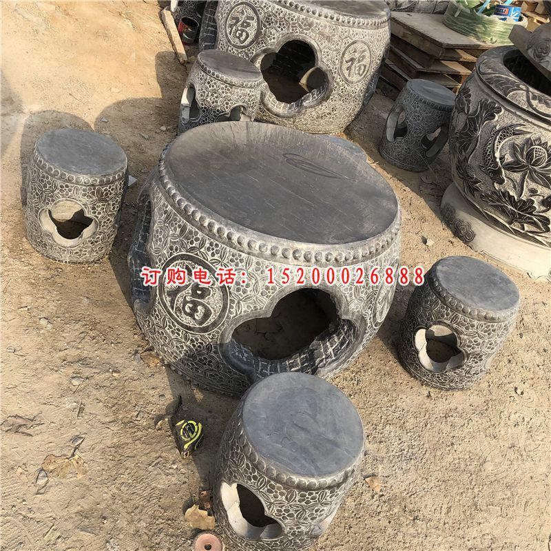 公园景观石雕，福字仿鼓形圆桌凳